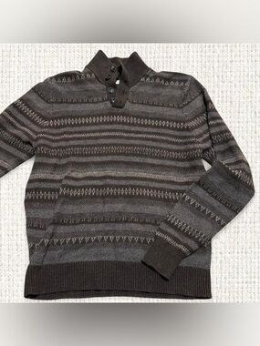 Mutual Weave Brown Striped Henley Sweater